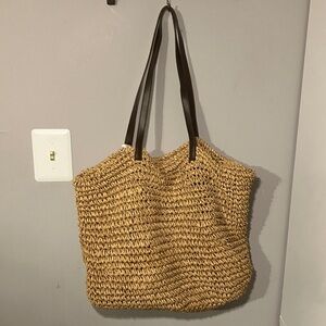 Brown Woven Lined Tote Bag